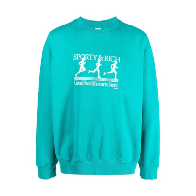 Sporty & Rich 22 Logo Print Crewneck Sweatshirt Unisex Blue Green CR453TE