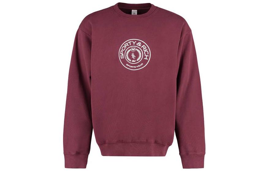 Sporty & Rich Burgundy Crewneck Letter Print Long Sleeve Sweatshirt CR691MEMERLOTWHITE