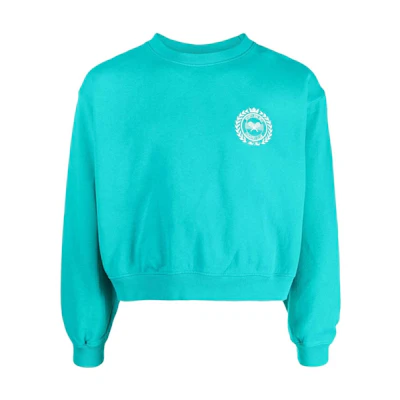 SPORTY & RICH FW22 Graphic Print Crewneck Pullover Sweatshirt Men Blue Green CR635TETEAL