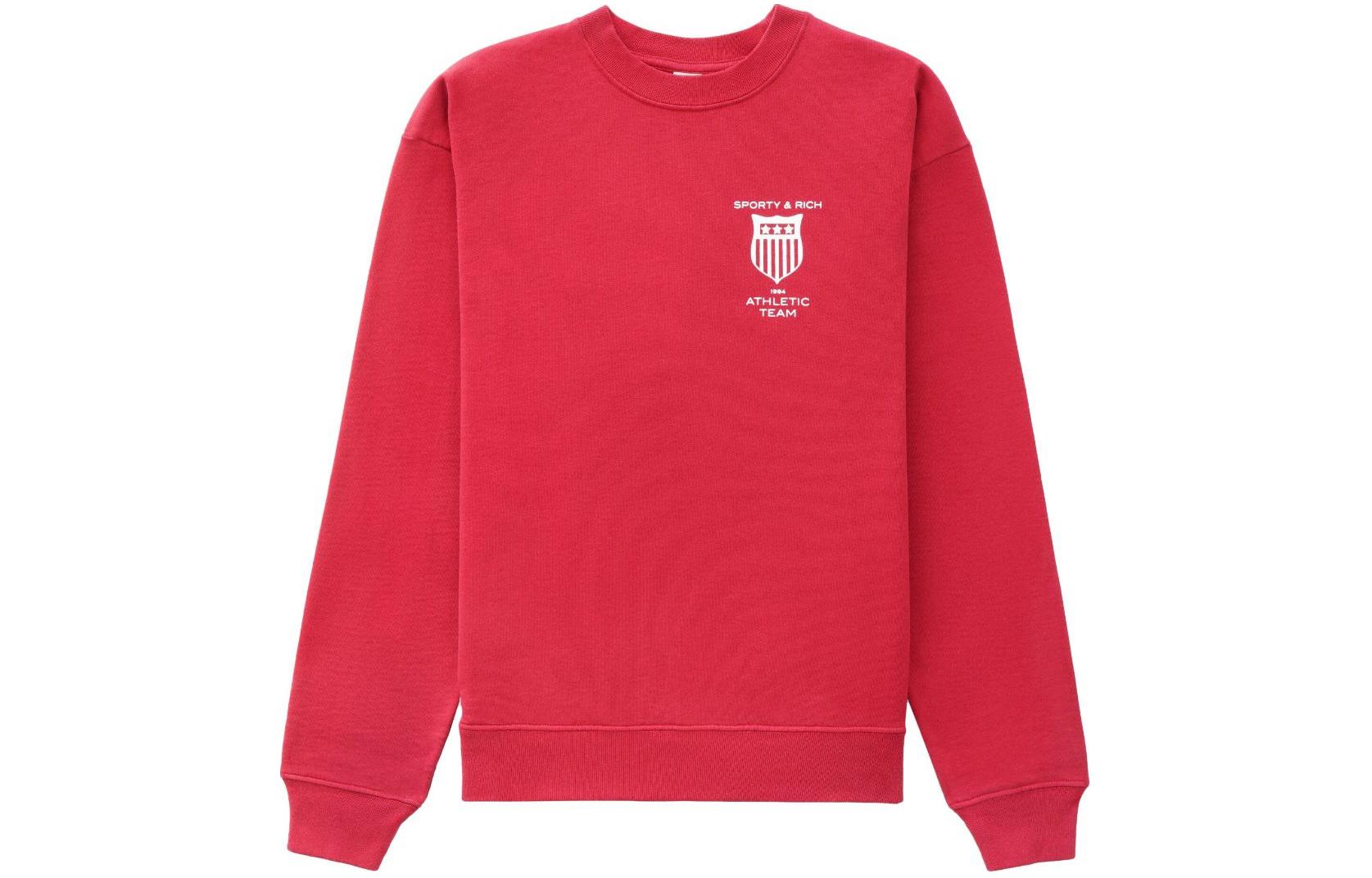 Sporty & Rich Gemstone Red Logo Print Cotton Ribbed Crewneck Sweatshirt Unisex CR632RUBY