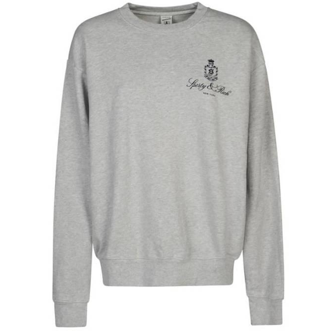 Sporty & Rich Logo Print Crewneck Long Sleeve Sweatshirt Grey White CR835HG