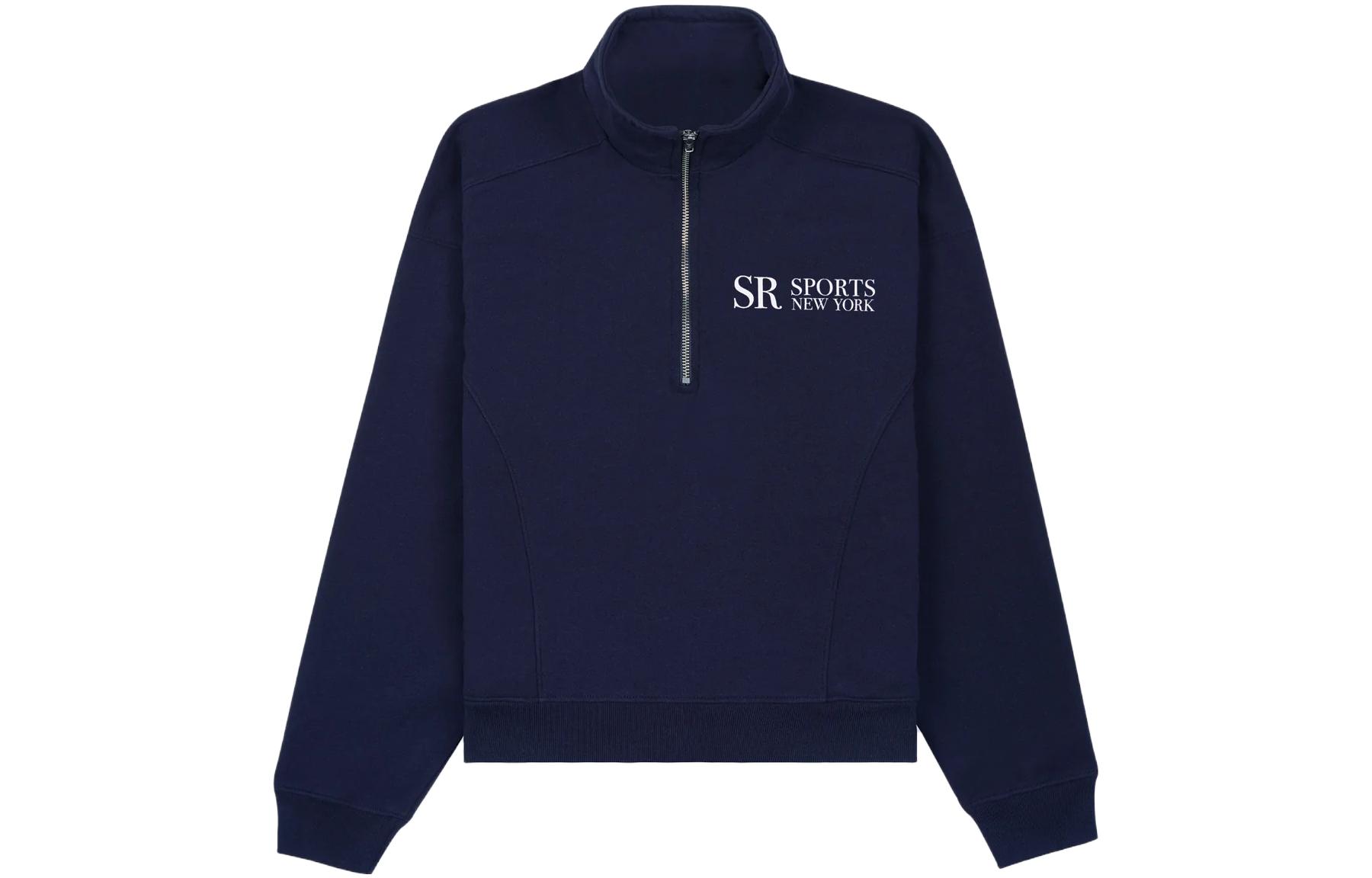 Sporty & Rich Navy Blue Lettered Polo Collar Long Sleeve Sweatshirt Unisex QZAW235NA