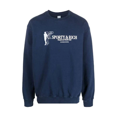 Sporty & Rich Solid Logo Print Crewneck Sweatshirt Navy Blue CR442NA