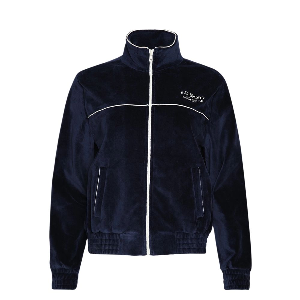 Sporty & Rich SS23 Navy Velvet Zip-Up Logo Embroidered Sweatshirt JA751NA
