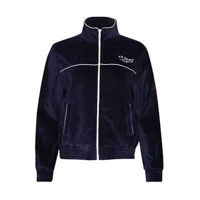 Sporty & Rich SS23 Navy Velvet Zip-Up Logo Embroidered Sweatshirt JA751NA