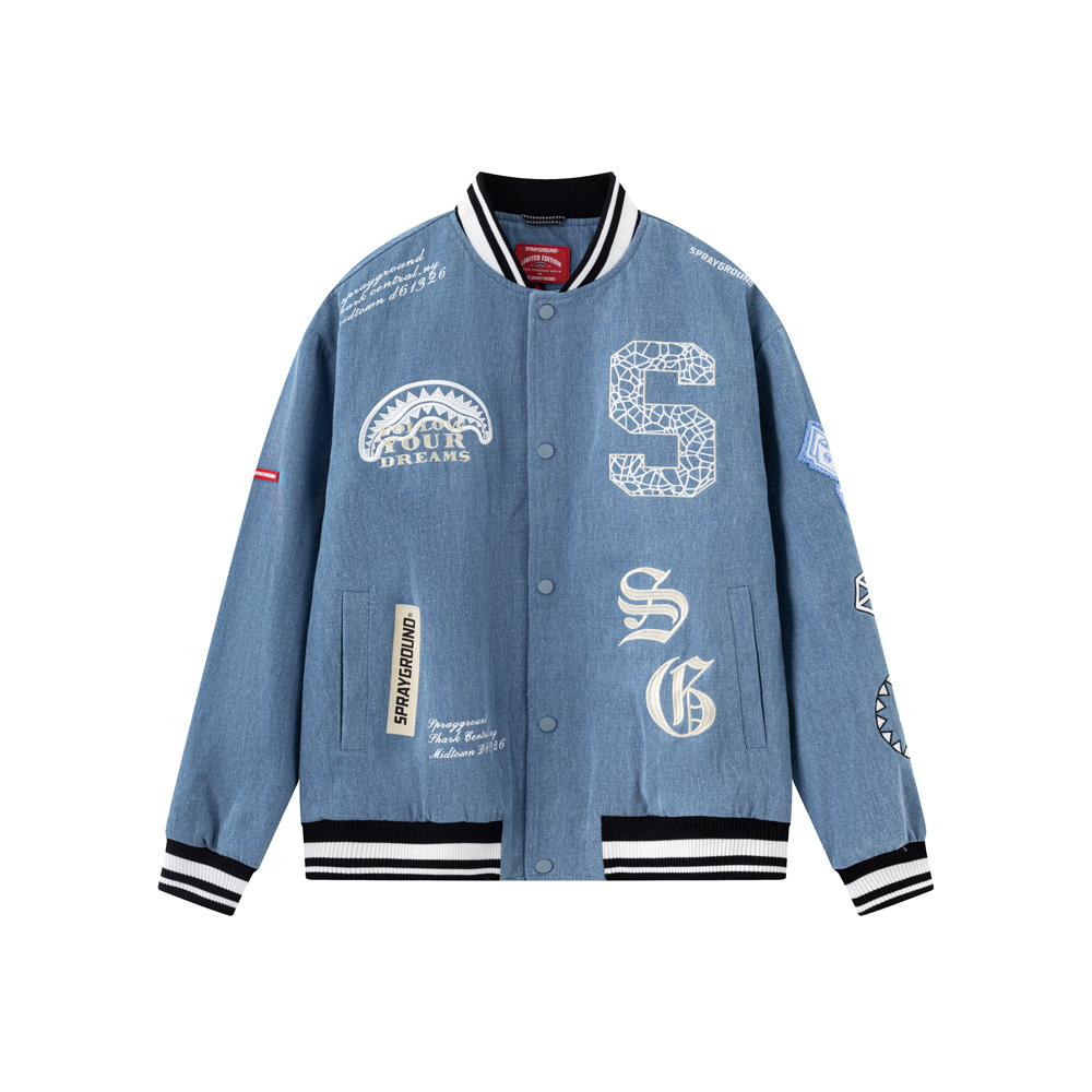 Sprayground Shark Logo Denim Letter Retro Streetwear Baseball Jacket Unisex. WE211107