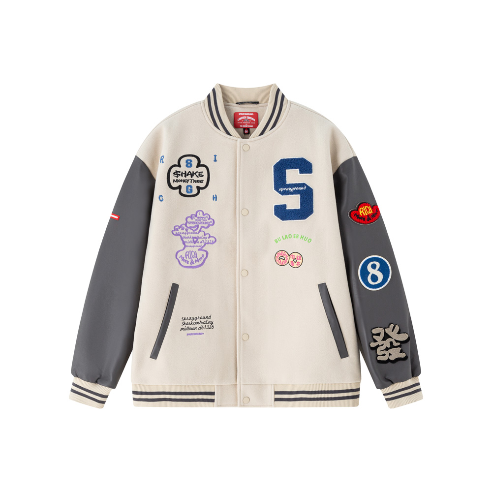 Sprayground x Money Tree Shark Logo Embroidered Colorblock Varsity Jacket Unisex WE131104