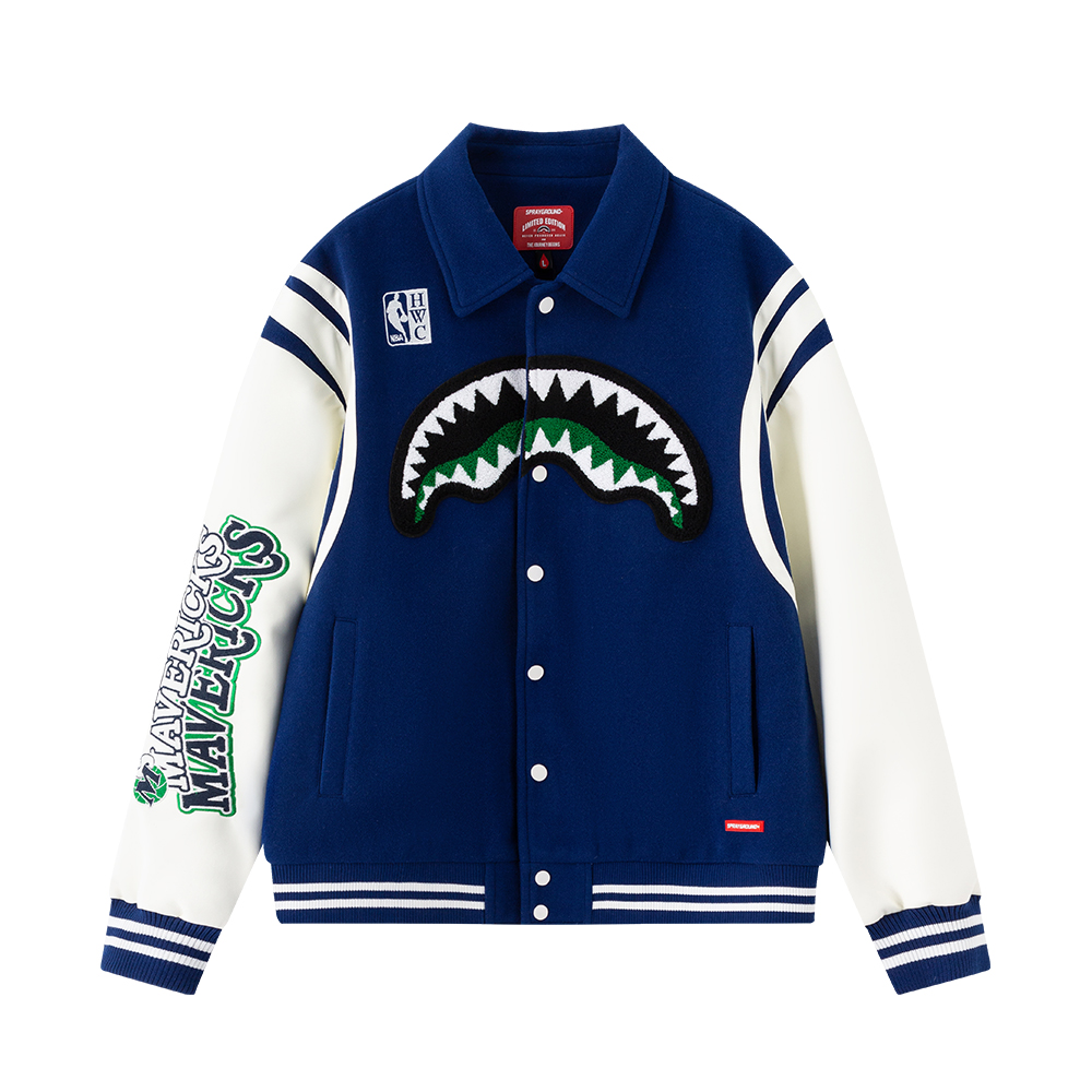 Sprayground x NBA HWC Dallas Mavericks Retro Shark Logo Navy Varsity Jacket Unisex NE231129