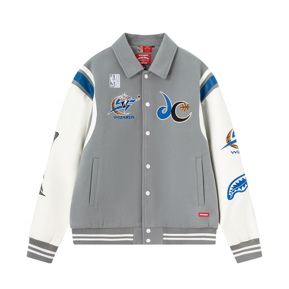 Sprayground x NBA HWC Washington Wizards Shark Logo Colorblock Varsity Jacket. NE231121