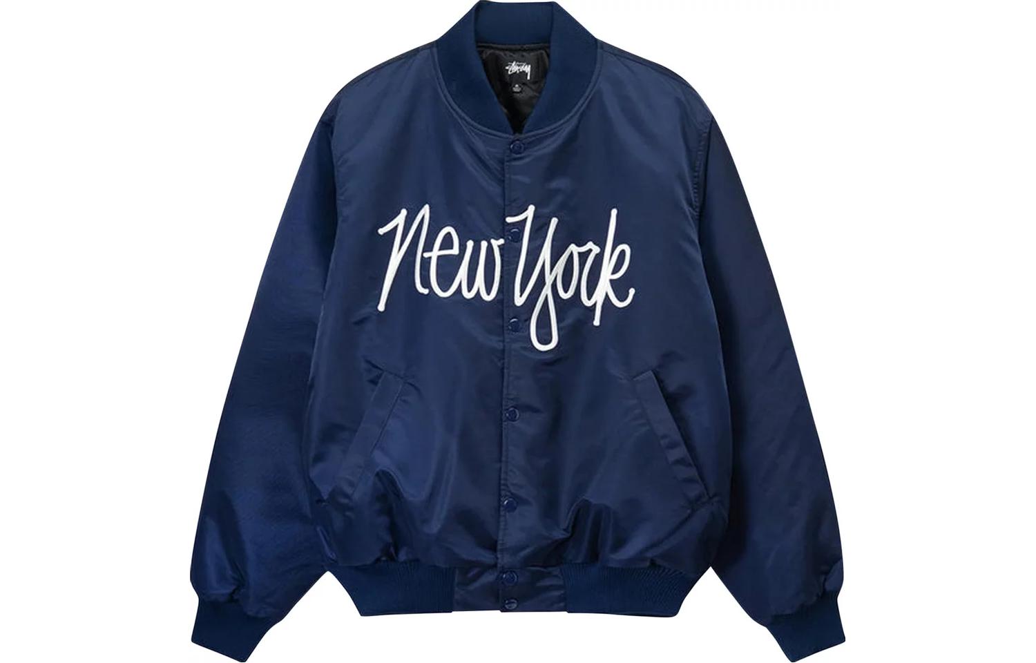 Stüssy Blue Satin Varsity Jacket with Letter Print Retro Style 115692