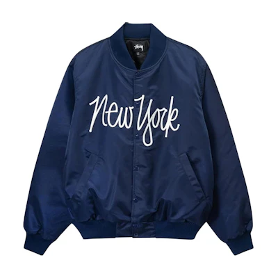 Stüssy Blue Satin Varsity Jacket with Letter Print Retro Style 115692