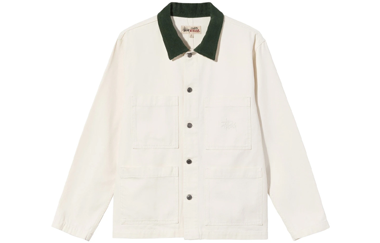 Stüssy Cord Collar Canvas Chore Jacket White Retro Multi-Pocket Unisex Style 115592