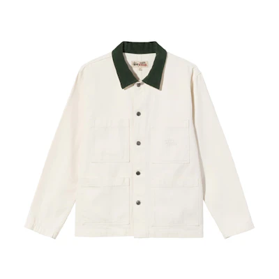 Stüssy Cord Collar Canvas Chore Jacket White Retro Multi-Pocket Unisex Style 115592
