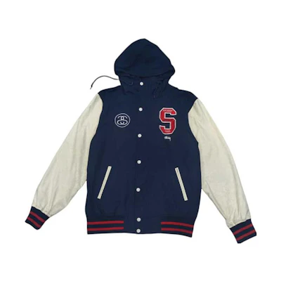 Stüssy Letter Patch Varsity Baseball Jacket Dark Blue Mens Retro Style RN94974BLUE