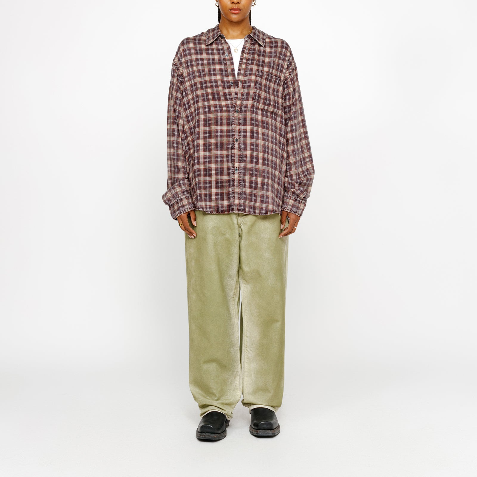 Shop ステューシー 2024 夏 マシュー プリント チェック ルーズフィット レトロシャツ ユニセックス. 1110328