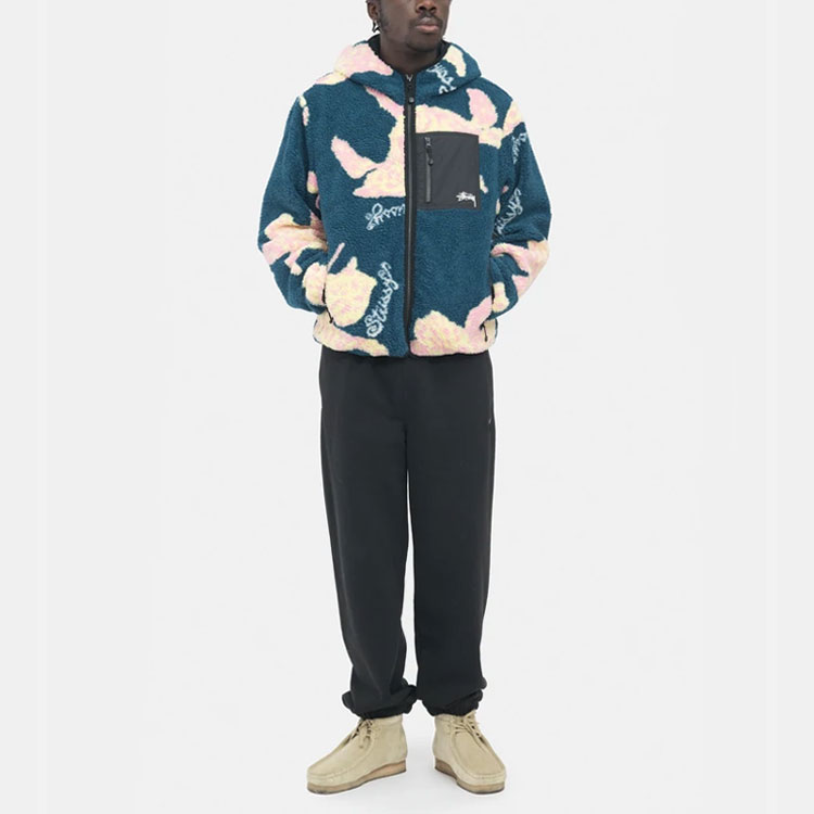 Shop Stüssy Stussy Floral Sherpa Fleece Hood Jacket Winter Unisex Vintage Style. 118482