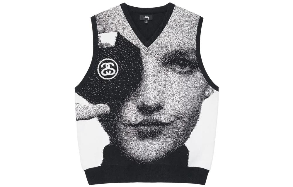 Stüssy Stussy FW22 Face Photo Knit V-Neck Vest Unisex Retro Black Sweater. 117155