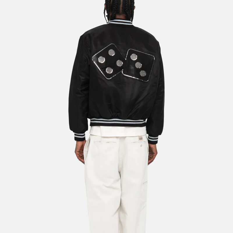 Purchase Stüssy Stussy FW23 Sequin Satin Jacket Black Retro Unisex Dice Pattern Warm Coat. 115718