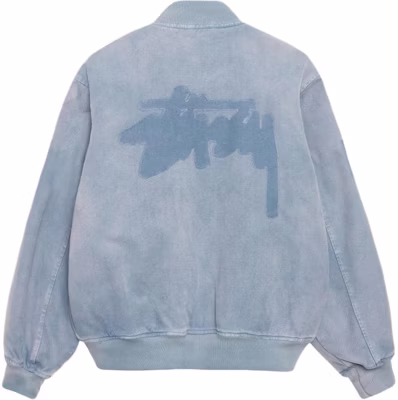 Jaket Varsity Kanvas Stüssy FW24 Ghost Logo Unisex Gaya Retro Amerika. 115820 Lookbook Jaket Varsity Kanvas Stüssy FW24 Ghost Logo Unisex Gaya Retro Amerika. 115820