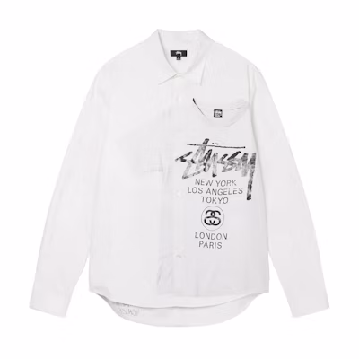 Stüssy Stussy World Tour FW22 Solid Color Logo Print Long Sleeve Shirt White . 1110249