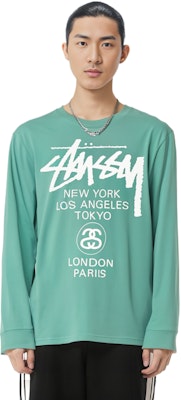 Stüssy Stussy Kaos Panjang Unisex Retro World Tour LS dengan Cetakan Huruf 3993713 5