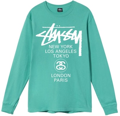 Stüssy Stussy Kaos Panjang Unisex Retro World Tour LS dengan Cetakan Huruf 3993713 8