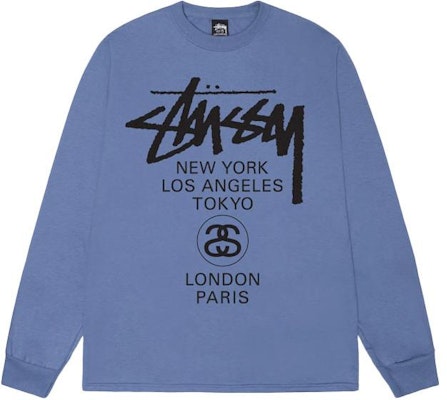 Stüssy Stussy Kaos Panjang Unisex Retro World Tour LS dengan Cetakan Huruf 3993713 10