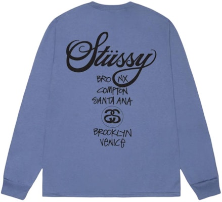 Stüssy Stussy Kaos Panjang Unisex Retro World Tour LS dengan Cetakan Huruf 3993713 11