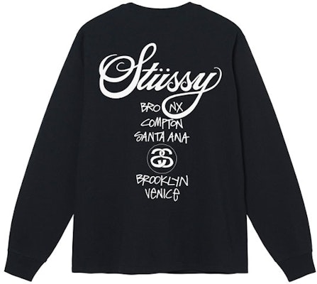 Stüssy Stussy Kaos Panjang Unisex Retro World Tour LS dengan Cetakan Huruf 3993713 1