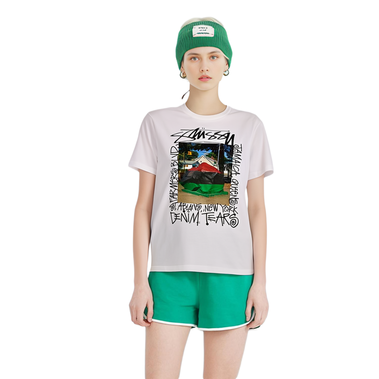 Shop Stüssy x Denim Tears 2022秋冬字母印花复古白色圆领T恤 男女款 3903832