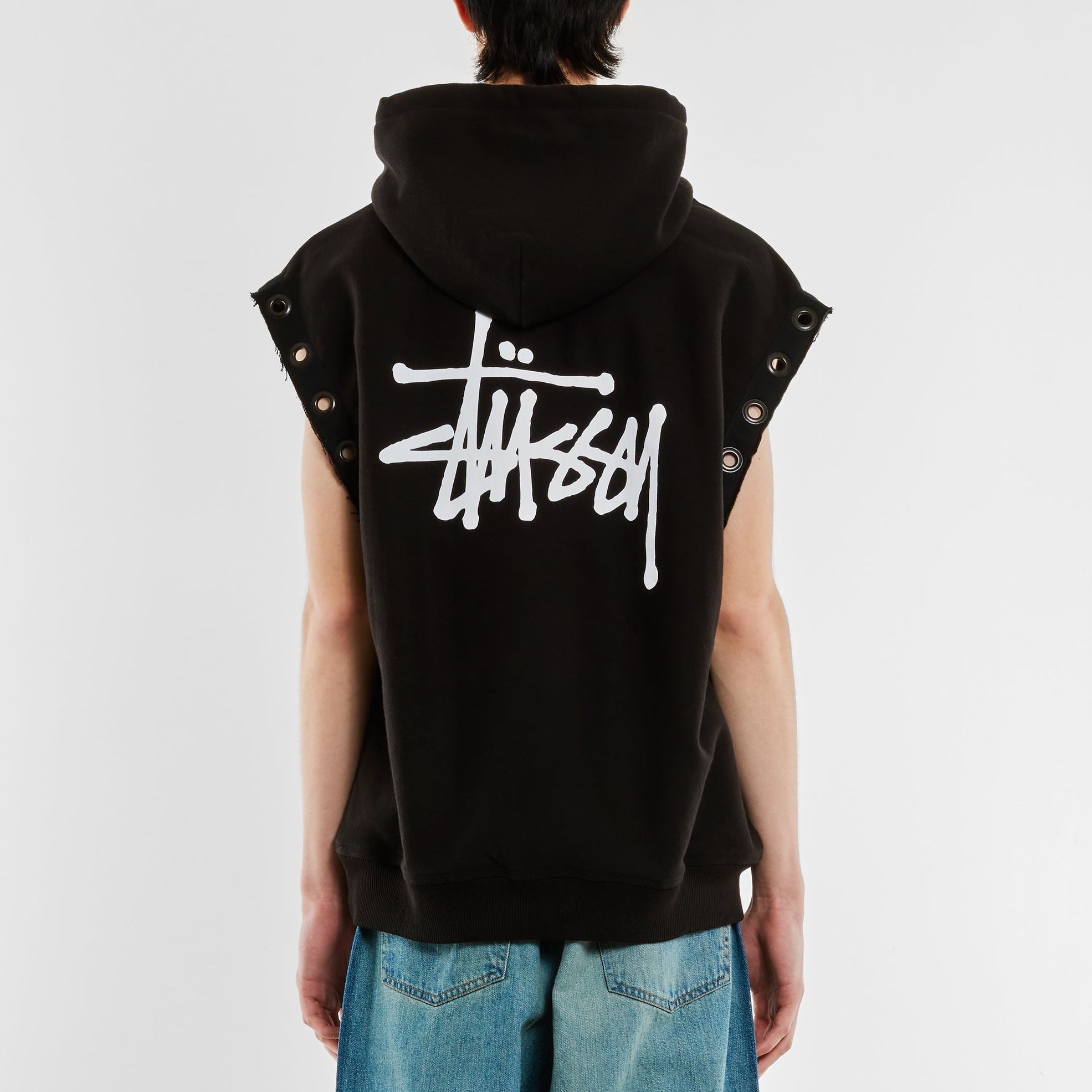 Details for Stüssy Stussy x JUNYA WATANABE SS24 Distressed Logo Cutout Vest Hoodie Black (). wmt9091001