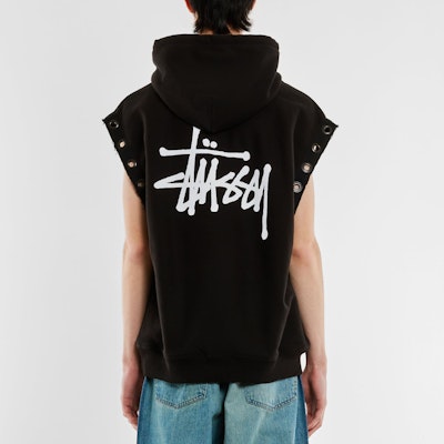 Stüssy Stussy x JUNYA WATANABE SS24 Distressed Logo Cutout Vest Hoodie Black (). wmt9091001 Details for Stüssy Stussy x JUNYA WATANABE SS24 Distressed Logo Cutout Vest Hoodie Black (). wmt9091001