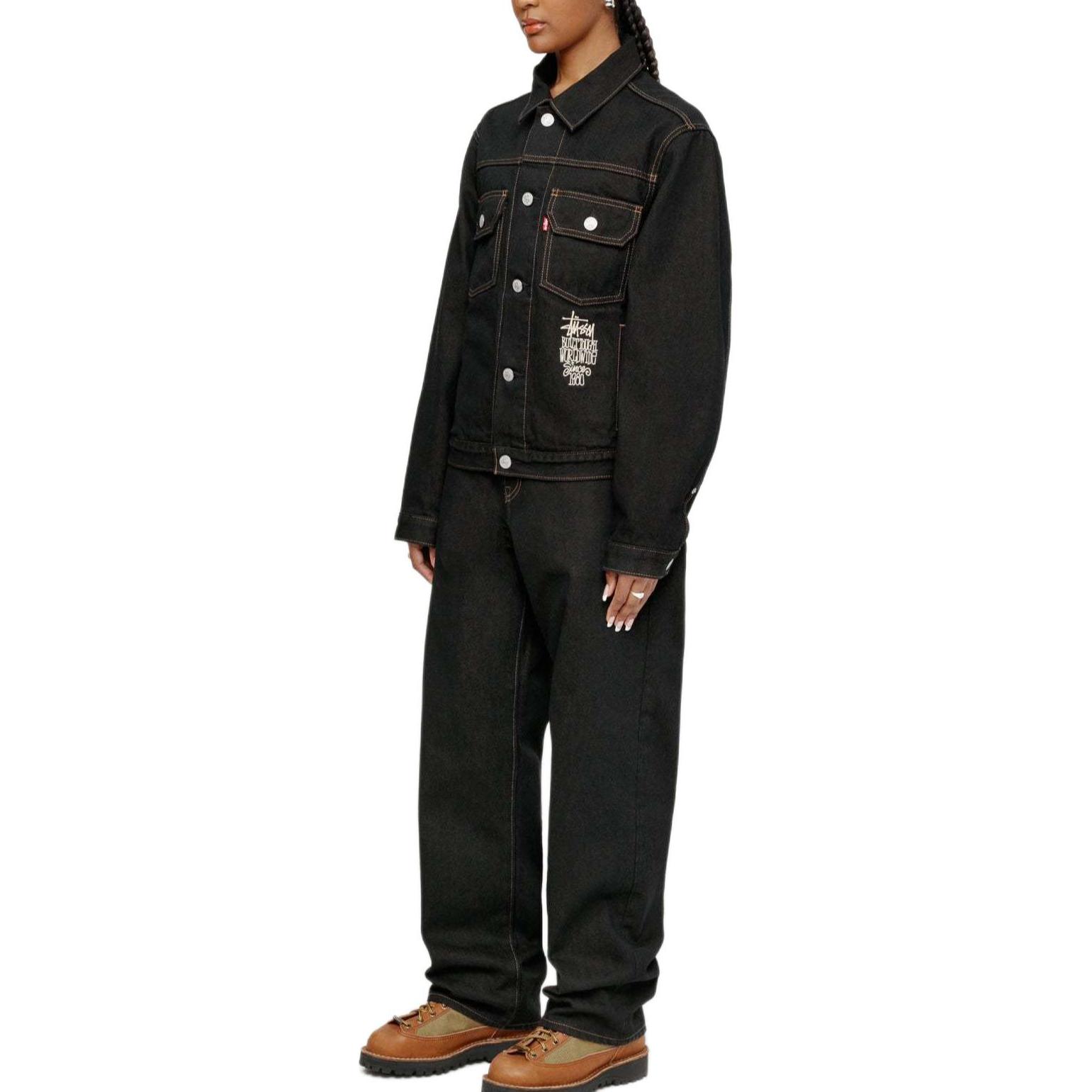 Cheap Stüssy Stussy x Levi's SS24 Logo Embroidered Vintage Denim Trucker Jacket Unisex Black A8326-0001