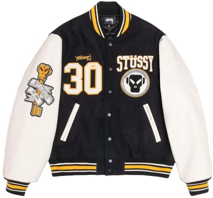 스투시 x 메탈헤드즈 SS24 블랙 울 가죽 빈티지 바시티 자켓 유니섹스. 315506 Order 스투시 x 메탈헤드즈 SS24 블랙 울 가죽 빈티지 바시티 자켓 유니섹스. 315506