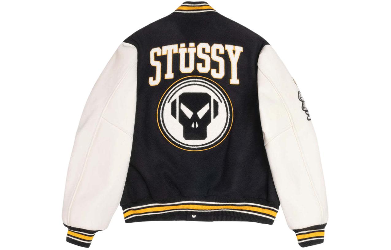 Lookbook 스투시 x 메탈헤드즈 SS24 블랙 울 가죽 빈티지 바시티 자켓 유니섹스. 315506