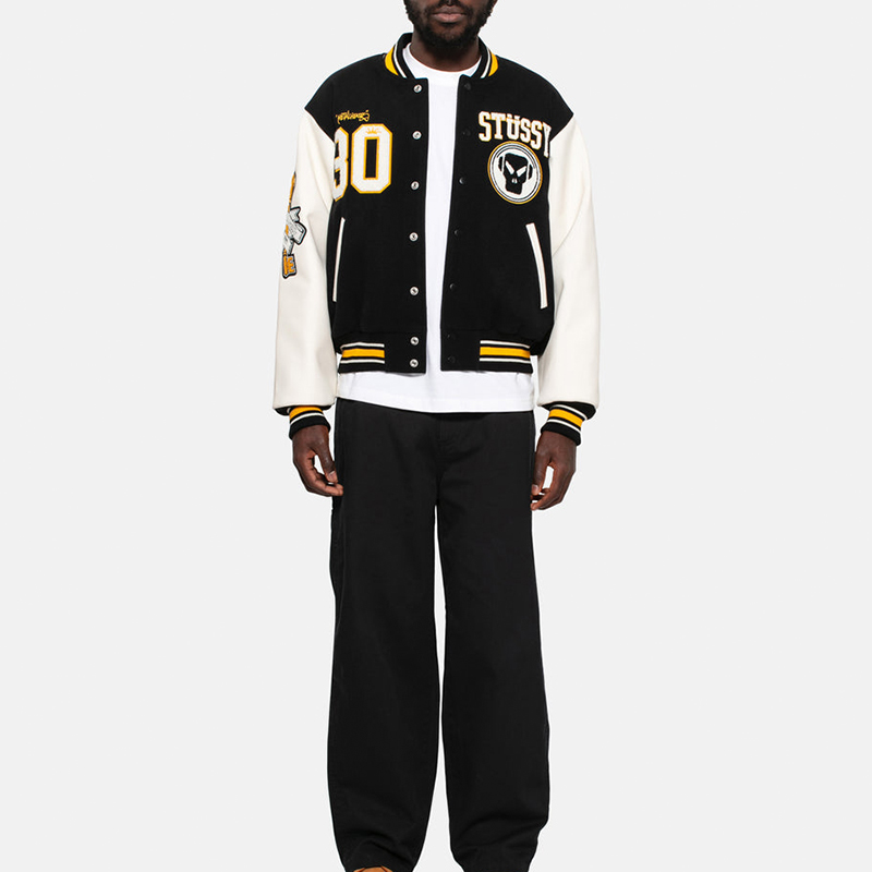 Shop 스투시 x 메탈헤드즈 SS24 블랙 울 가죽 빈티지 바시티 자켓 유니섹스. 315506