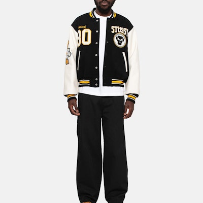 스투시 x 메탈헤드즈 SS24 블랙 울 가죽 빈티지 바시티 자켓 유니섹스. 315506 Shop 스투시 x 메탈헤드즈 SS24 블랙 울 가죽 빈티지 바시티 자켓 유니섹스. 315506