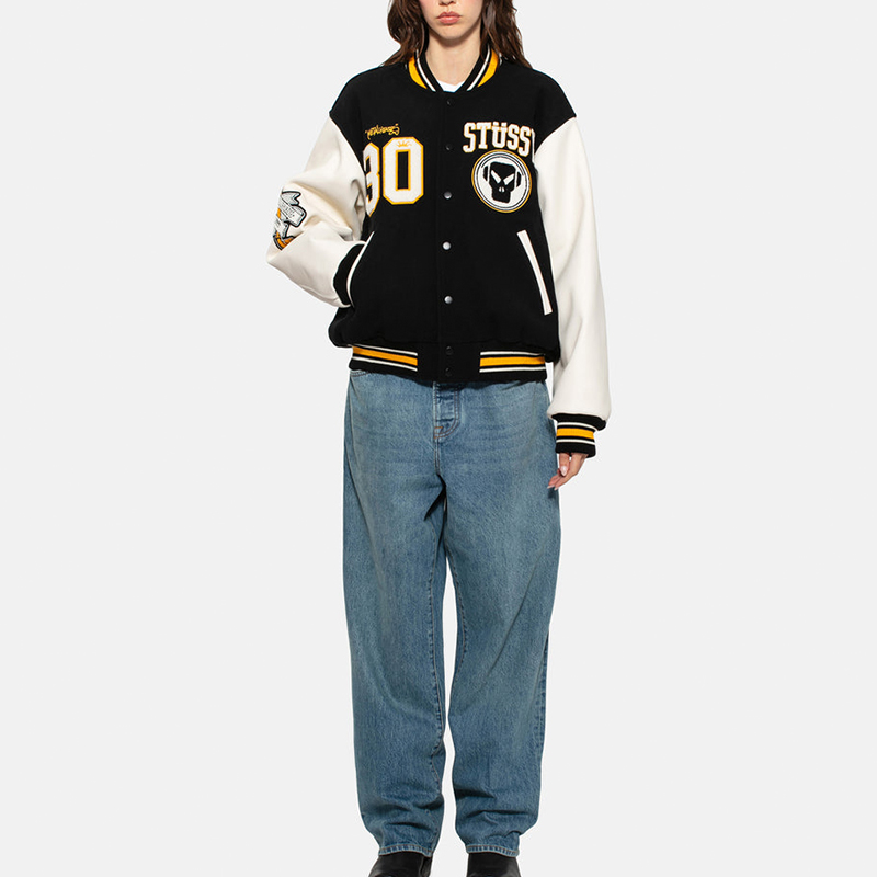 Purchase 스투시 x 메탈헤드즈 SS24 블랙 울 가죽 빈티지 바시티 자켓 유니섹스. 315506