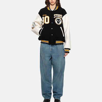 스투시 x 메탈헤드즈 SS24 블랙 울 가죽 빈티지 바시티 자켓 유니섹스. 315506 Purchase 스투시 x 메탈헤드즈 SS24 블랙 울 가죽 빈티지 바시티 자켓 유니섹스. 315506