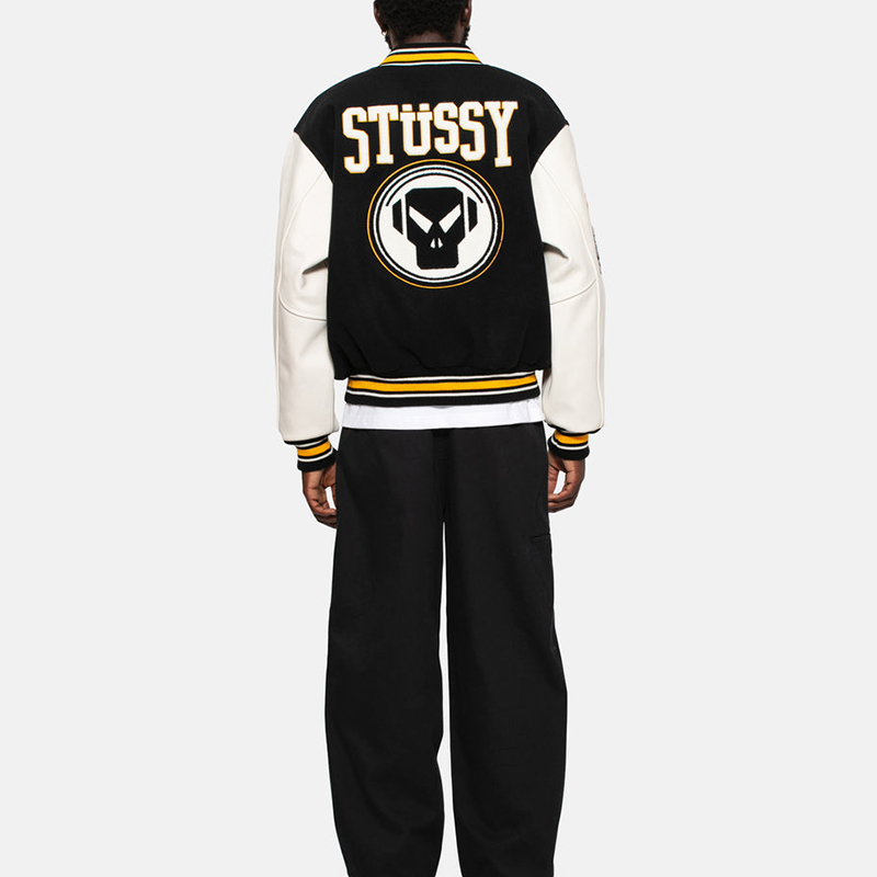 Details for 스투시 x 메탈헤드즈 SS24 블랙 울 가죽 빈티지 바시티 자켓 유니섹스. 315506