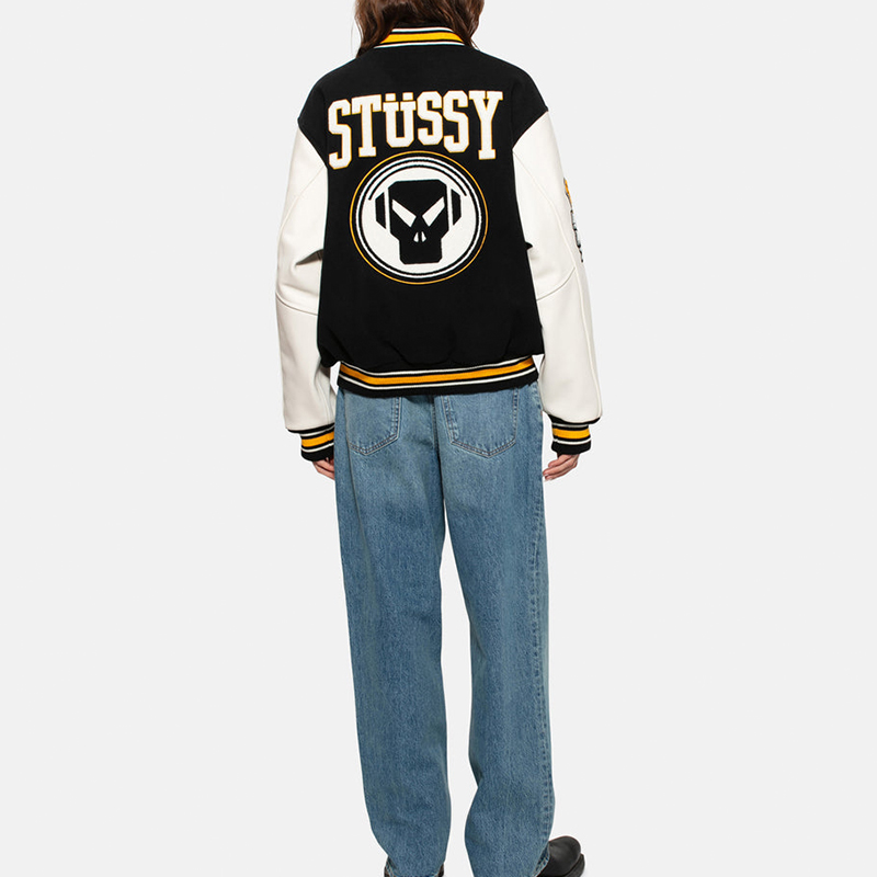 Sizing 스투시 x 메탈헤드즈 SS24 블랙 울 가죽 빈티지 바시티 자켓 유니섹스. 315506