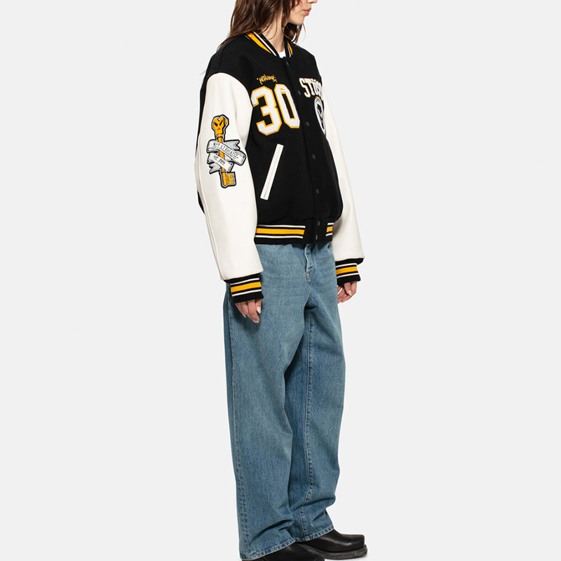 Cheap 스투시 x 메탈헤드즈 SS24 블랙 울 가죽 빈티지 바시티 자켓 유니섹스. 315506