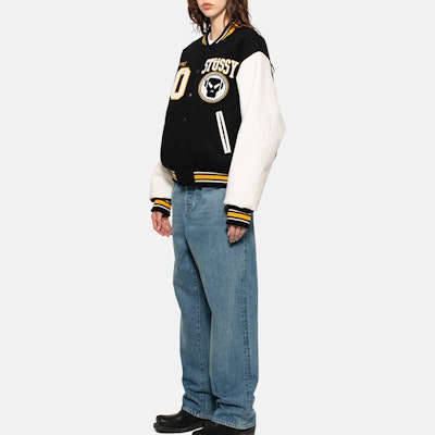 스투시 x 메탈헤드즈 SS24 블랙 울 가죽 빈티지 바시티 자켓 유니섹스. 315506 1