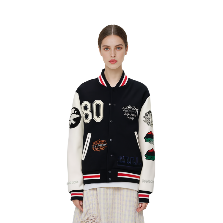 Shop Stüssy x OUR LEGACY x Denim Tears 拼接黑色棒球夹克 男女同款 刺绣设计 315288