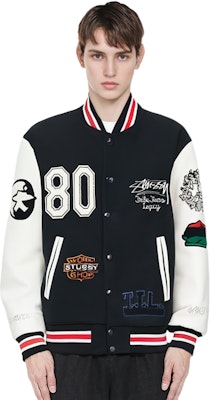 Stüssy x OUR LEGACY x Denim Tears 拼接黑色棒球夹克 男女同款 刺绣设计 315288 Purchase Stüssy x OUR LEGACY x Denim Tears 拼接黑色棒球夹克 男女同款 刺绣设计 315288