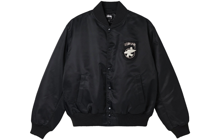Stüssy Surfman Stadium Nylon Satin Bomber Jacket Unisex Black Retro Style 115580
