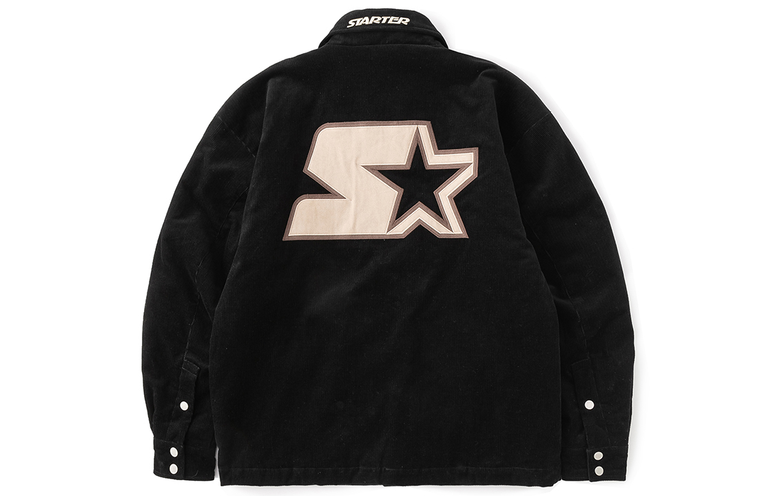 Lookbook STARTER Jaket Tebal Unisex Corduroy Hitam Vintage Letter Print Gaya Kasual. STH4C2695M-BK01