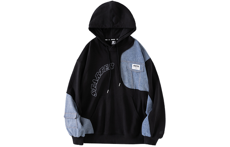 STARTER Letter Print Patchwork Drawstring Hoodie Unisex Black STG4C1216M-BK01