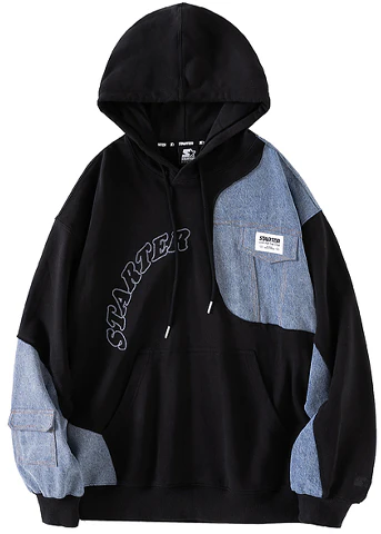 starter-letter-print-patchwork-drawstring-hoodie-unisex-black-stg-4-c1216-m-bk-01