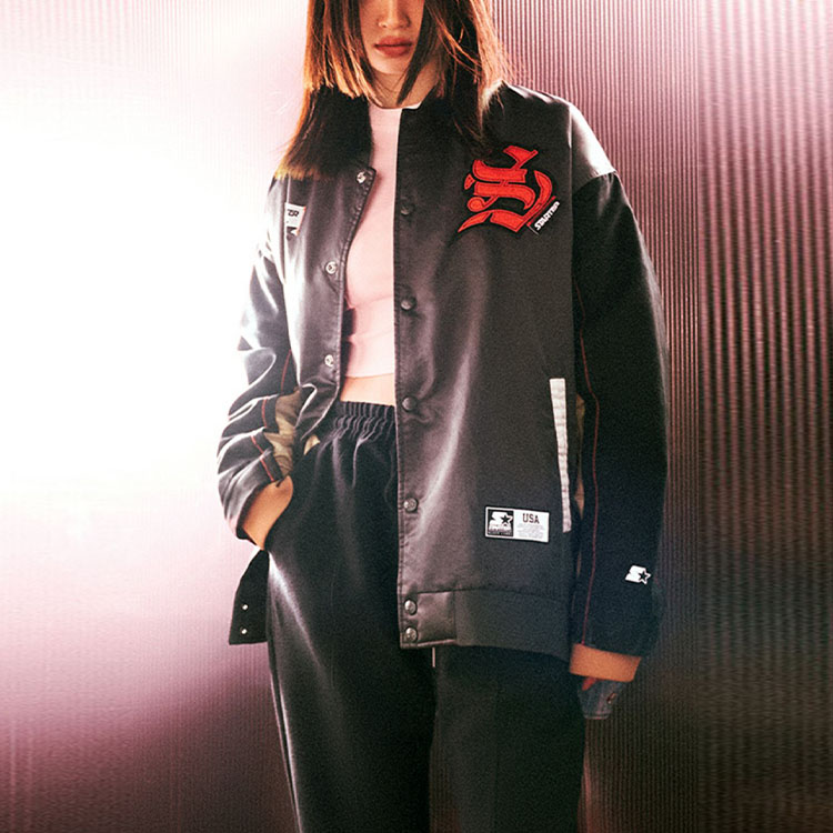 Lookbook STARTER Patchwork Jaket Baseball Unisex Kelabu Lembut. STG4C2298M